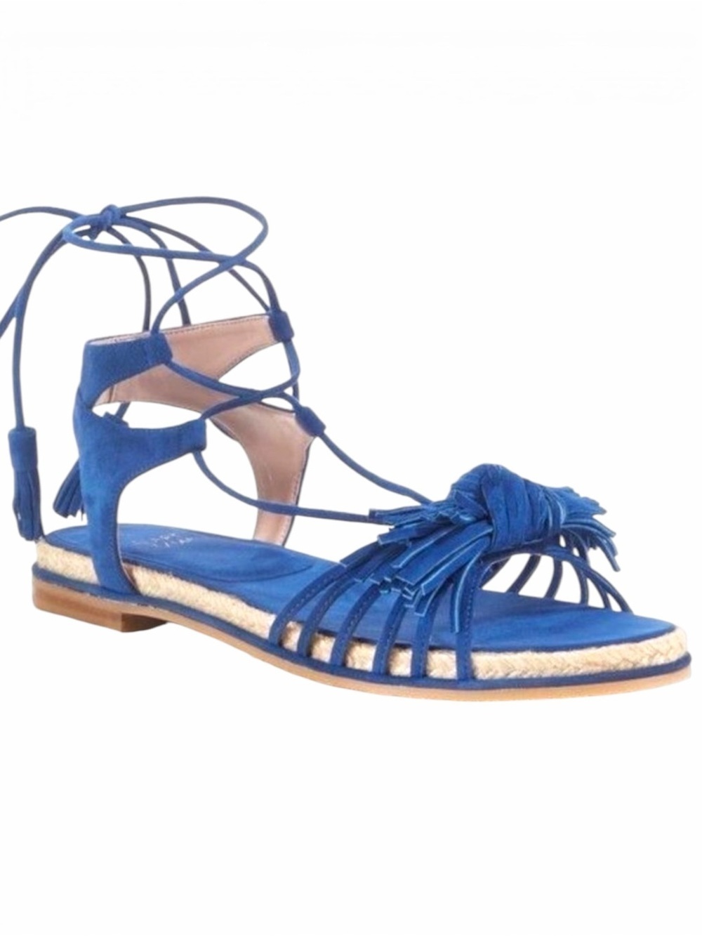 STUART WEITZMAN FLOWERPOT BLUE SANDALS FRINGE KNOT ESPADRILLE ANKLE WRAP SANDALS